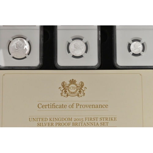 213 - A UNITED KINGDOM 2015 FIRST STRIKE SILVER PROOF BRITANNIA SET, to include all coins slabbed and grad... 