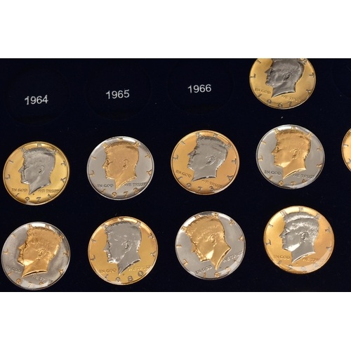 214 - A GLAZED BOXED SET OF ENHANCED KENNEDY HALF DOLLAR COINS, to include gold highlighted with uncircula... 