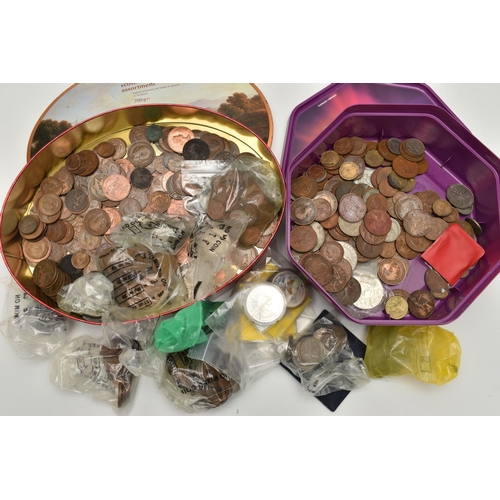 230 - A SHORTBREAD AND SWEET BOX OF MIXED COINAGE, small amounts of silver coins, commemoratives etc