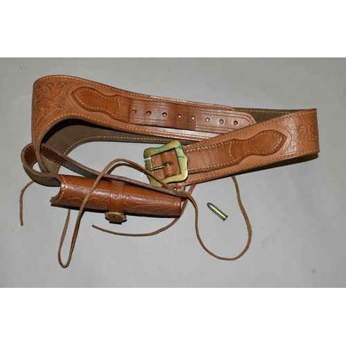 634 - A GOOD QUALITY HEAVILY TOOLED GUN BELT AND HOLSTER, with a number of inert cartridges