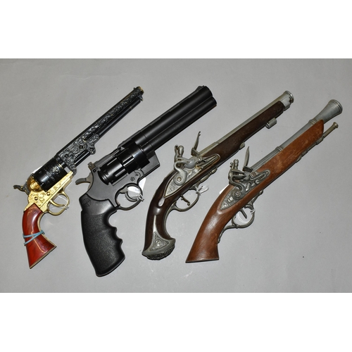 645 - THREE REPLICA PISTOLS, two are flintlock and the third is based on the design of a Colt percussion r... 