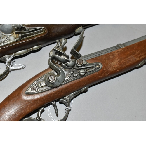 645 - THREE REPLICA PISTOLS, two are flintlock and the third is based on the design of a Colt percussion r... 