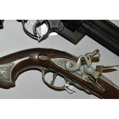 645 - THREE REPLICA PISTOLS, two are flintlock and the third is based on the design of a Colt percussion r... 