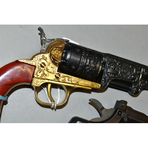 645 - THREE REPLICA PISTOLS, two are flintlock and the third is based on the design of a Colt percussion r... 