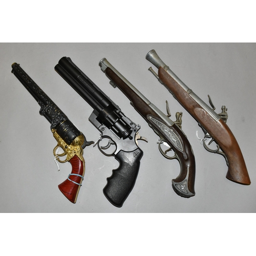 645 - THREE REPLICA PISTOLS, two are flintlock and the third is based on the design of a Colt percussion r... 