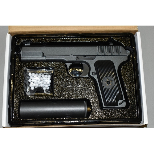 652 - A BOXED BB SPRING OPERATED GALAXY SOFT AIR MODEL G33A AIR PISTOL WITH SILENCER, together with a boxe... 