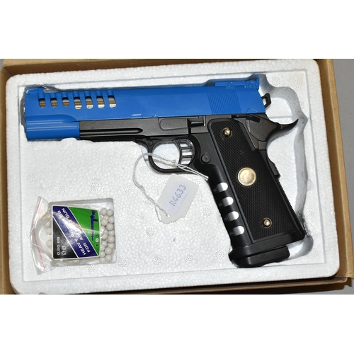 652 - A BOXED BB SPRING OPERATED GALAXY SOFT AIR MODEL G33A AIR PISTOL WITH SILENCER, together with a boxe... 