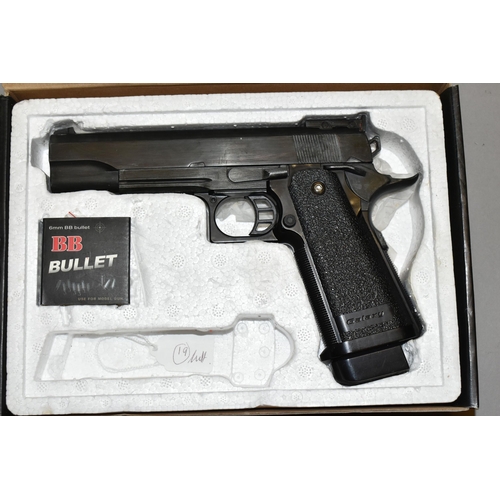 652 - A BOXED BB SPRING OPERATED GALAXY SOFT AIR MODEL G33A AIR PISTOL WITH SILENCER, together with a boxe... 