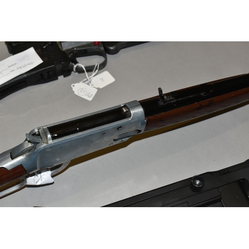 654 - A BB DAISY SPRING OPERATED MODEL 1894 AIR RIFLE, together with a blue painted BB copy of the Thompso... 