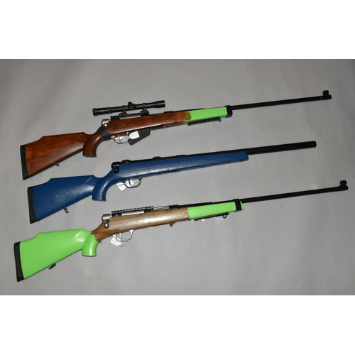 657 - THREE BB BOLT ACTION SPRING OPERATED AIR RIFLES, one fitted with a scope, all cock and discharge, no... 