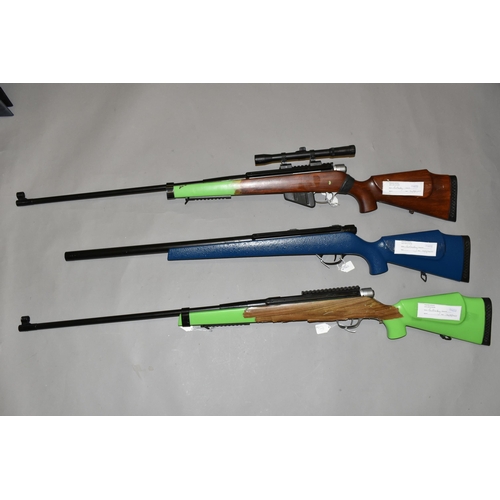 657 - THREE BB BOLT ACTION SPRING OPERATED AIR RIFLES, one fitted with a scope, all cock and discharge, no... 