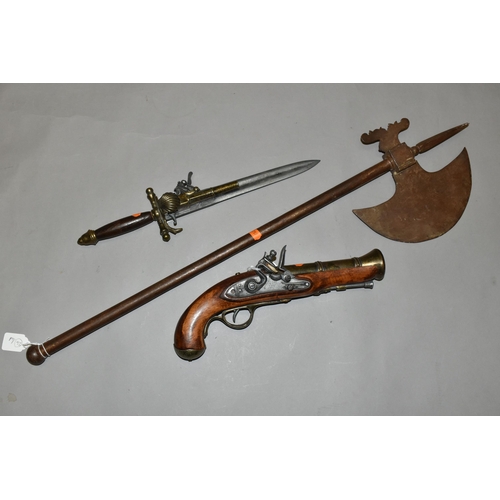 659 - A COPY OF A MEDIEVAL HAND AXE, a replica flintlock pistol and a replica flintlock knife pistol (3)