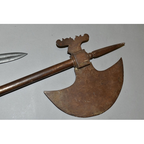 659 - A COPY OF A MEDIEVAL HAND AXE, a replica flintlock pistol and a replica flintlock knife pistol (3)