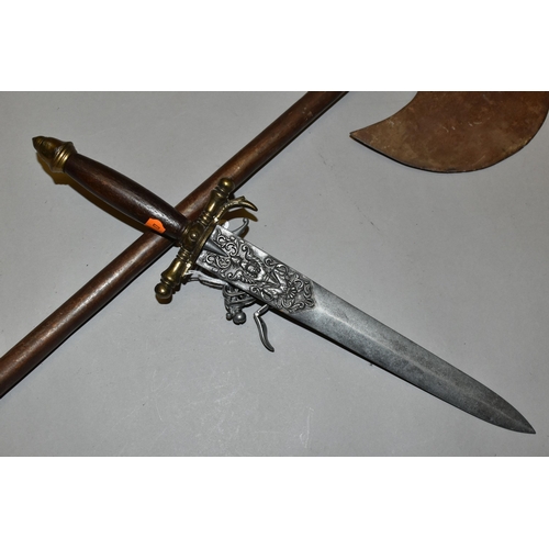 659 - A COPY OF A MEDIEVAL HAND AXE, a replica flintlock pistol and a replica flintlock knife pistol (3)