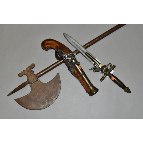 659 - A COPY OF A MEDIEVAL HAND AXE, a replica flintlock pistol and a replica flintlock knife pistol (3)