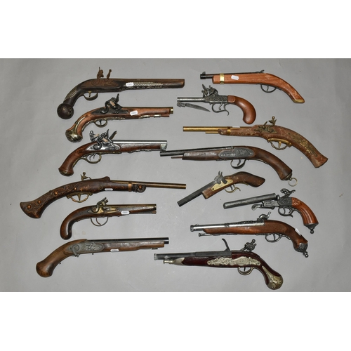 668 - THIRTEEN REPLICA PISTOLS, mainly based on percussion and flintlock designs (1 BOX)