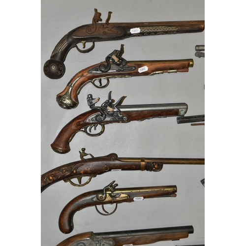 668 - THIRTEEN REPLICA PISTOLS, mainly based on percussion and flintlock designs (1 BOX)