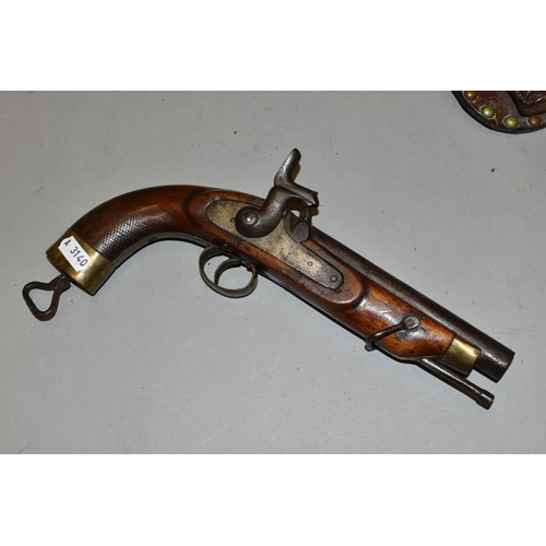 674 - AN ANTIQUE SINGLE BARREL 19 BORE MILITARY DESIGN PERCUSSION PISTOL,  fitted with a 6''  barrel and c... 