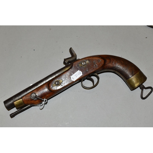 674 - AN ANTIQUE SINGLE BARREL 19 BORE MILITARY DESIGN PERCUSSION PISTOL,  fitted with a 6''  barrel and c... 