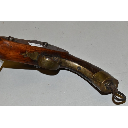 674 - AN ANTIQUE SINGLE BARREL 19 BORE MILITARY DESIGN PERCUSSION PISTOL,  fitted with a 6''  barrel and c... 