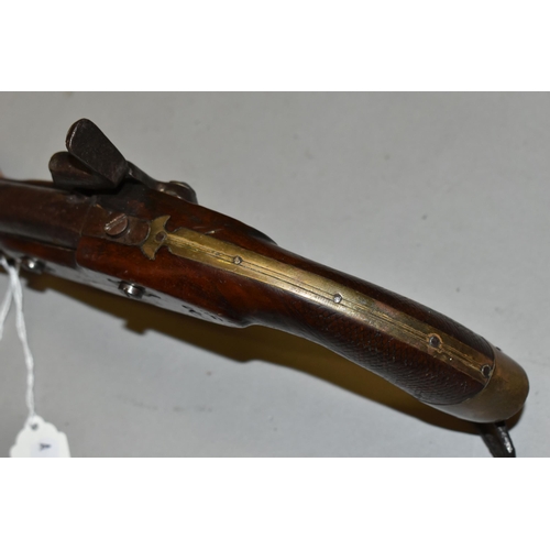 674 - AN ANTIQUE SINGLE BARREL 19 BORE MILITARY DESIGN PERCUSSION PISTOL,  fitted with a 6''  barrel and c... 