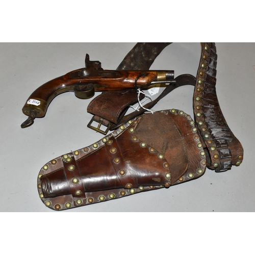 674 - AN ANTIQUE SINGLE BARREL 19 BORE MILITARY DESIGN PERCUSSION PISTOL,  fitted with a 6''  barrel and c... 