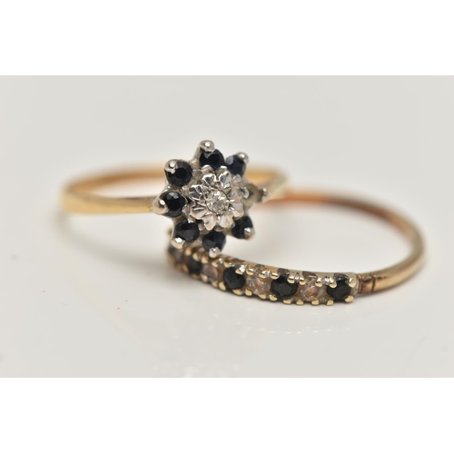 101 - TWO GEM SET RINGS, the first a half eternity ring set with alternating sapphires and cubic zirconia,... 