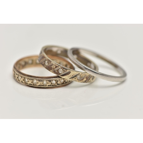 103 - THREE RINGS, the first a 9ct white gold full eternity band set with colourless spinels, hallmarked 9... 