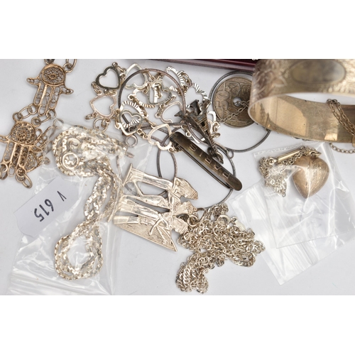 106 - A BAG OF ASSORTED WHITE METAL JEWELLERY, to include  various white metal pendant necklaces, some sta... 