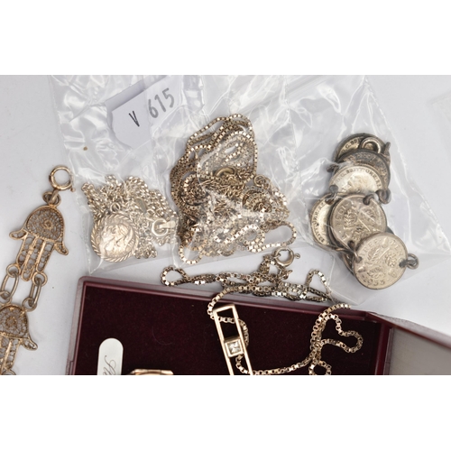 106 - A BAG OF ASSORTED WHITE METAL JEWELLERY, to include  various white metal pendant necklaces, some sta... 