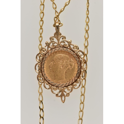 108 - A FULL SOVEREIGN PENDANT AND CHAIN, late Victorian full sovereign, dated 1885, in an open work scrol... 