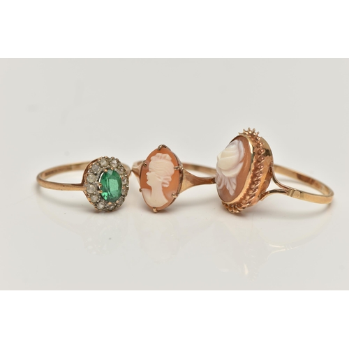 111 - THREE 9CT GOLD GEM SET RINGS, to include a cameo ring displaying a rose, collet set with a fine rope... 