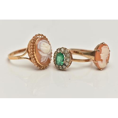 111 - THREE 9CT GOLD GEM SET RINGS, to include a cameo ring displaying a rose, collet set with a fine rope... 