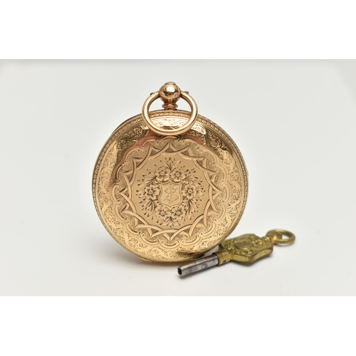 116 - AN 18CT GOLD OPEN FACE POCKET WATCH, key wound, round white dial, Roman numerals, blue steel hands, ... 