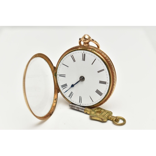 116 - AN 18CT GOLD OPEN FACE POCKET WATCH, key wound, round white dial, Roman numerals, blue steel hands, ... 