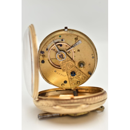 116 - AN 18CT GOLD OPEN FACE POCKET WATCH, key wound, round white dial, Roman numerals, blue steel hands, ... 