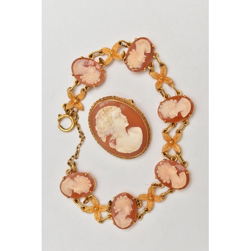 117 - A YELLOW METAL CAMEO BRACELET AND A BROOCH, yellow metal bracelet designed with a series of six oval... 