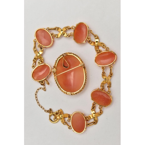 117 - A YELLOW METAL CAMEO BRACELET AND A BROOCH, yellow metal bracelet designed with a series of six oval... 