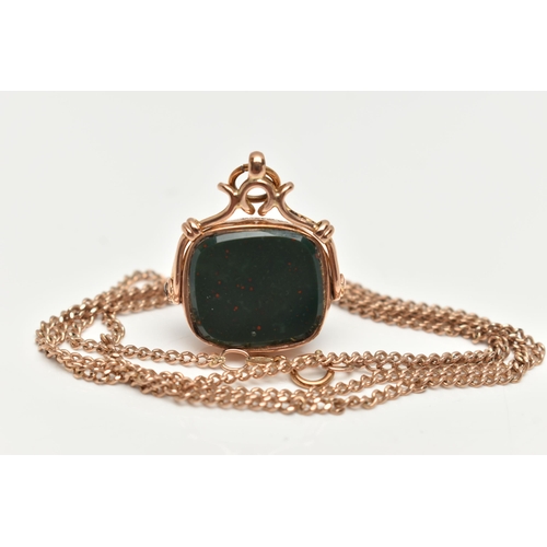 124 - A 9CT GOLD FOB AND CURB LINK CHAIN NECKLACE, a square spinning fob, set with bloodstone and carnelia... 