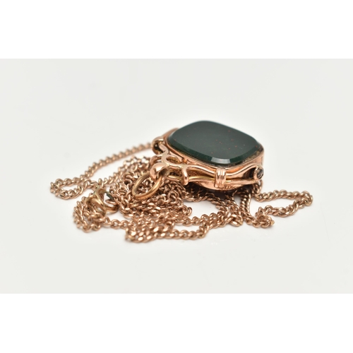 124 - A 9CT GOLD FOB AND CURB LINK CHAIN NECKLACE, a square spinning fob, set with bloodstone and carnelia... 