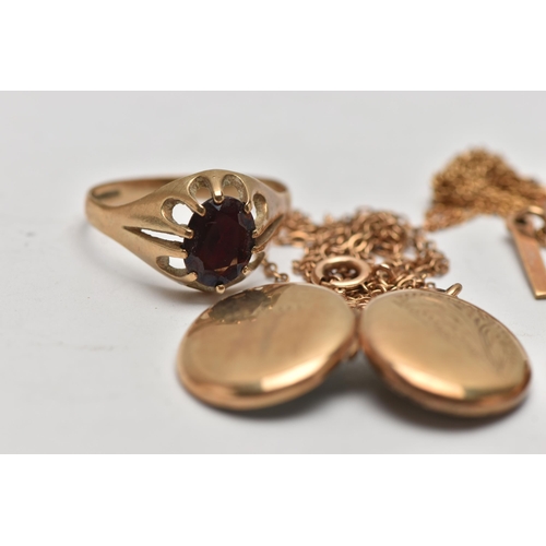 138 - A 9CT GOLD GARNET SIGNET RING AND OTHER PIECES OF JEWELLERY, the signet ring designed as an oval cut... 