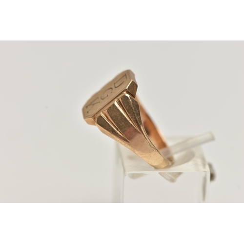 139 - A 9CT GOLD SIGNET RING, rectangular signet with engraved initials 'DGK', tapering shoulders leading ... 