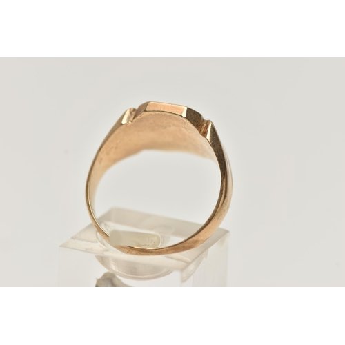 139 - A 9CT GOLD SIGNET RING, rectangular signet with engraved initials 'DGK', tapering shoulders leading ... 