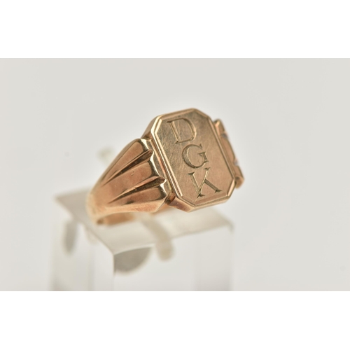 139 - A 9CT GOLD SIGNET RING, rectangular signet with engraved initials 'DGK', tapering shoulders leading ... 