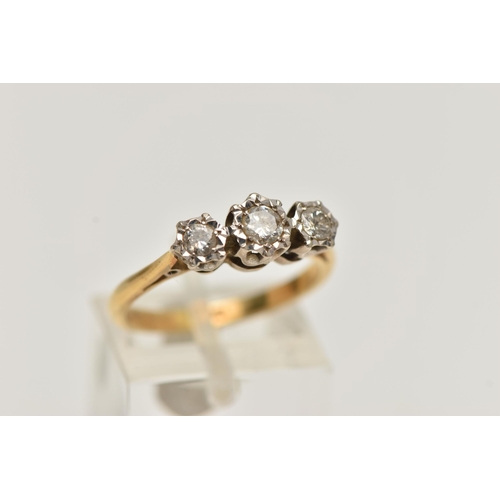 140 - A YELLOW METAL THREE STONE DIAMOND RING, three round brilliant cut diamonds illusion set in a white ... 