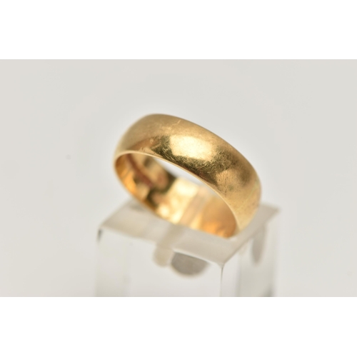 141 - A POLISHED WIDE 18CT GOLD BAND RING, approximate band width 6.4mm, ring size leading edge O, hallmar... 