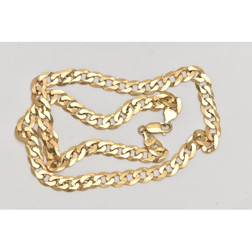 16 - A 9CT GOLD FLAT CURB LINK CHAIN, fitted with a lobster clasp, hallmarked 9ct Birmingham, length 510m... 