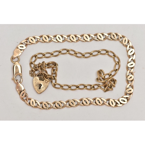 17 - TWO 9CT GOLD BRACELETS, the first an oval link bracelet fitted with a heart padlock clasp, hallmarke... 