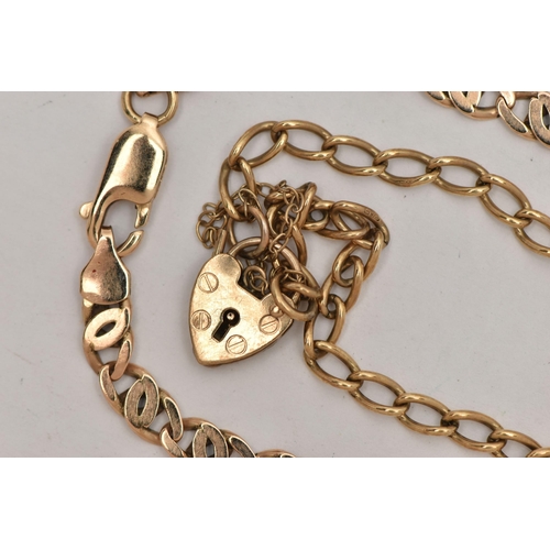 17 - TWO 9CT GOLD BRACELETS, the first an oval link bracelet fitted with a heart padlock clasp, hallmarke... 