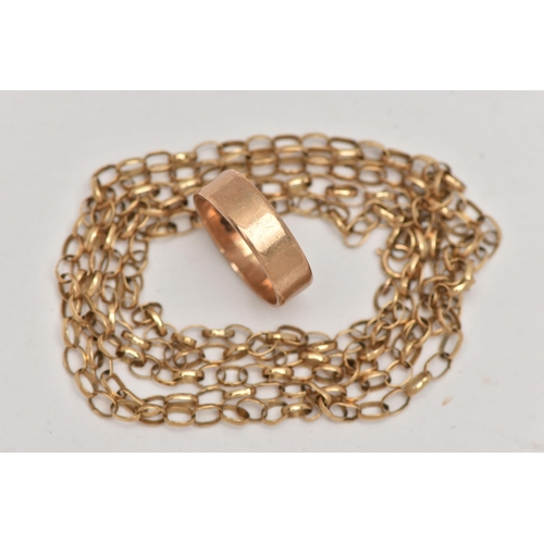 19 - A 9CT GOLD POLISHED BAND RING AND A BELCHER CHAIN, the polished wide band, approximate band width 5.... 